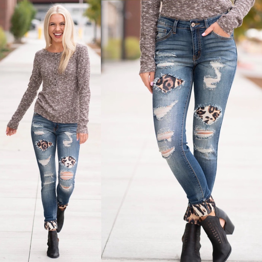 KanCan MidRise Leopard Patch Skinny Jeans 15 31 (12) Preowned